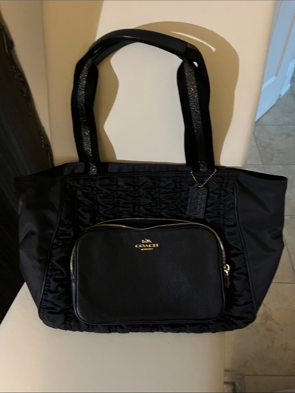 COACH Black Quilted Nylon Tote with Front Pocket and Gold Hardware